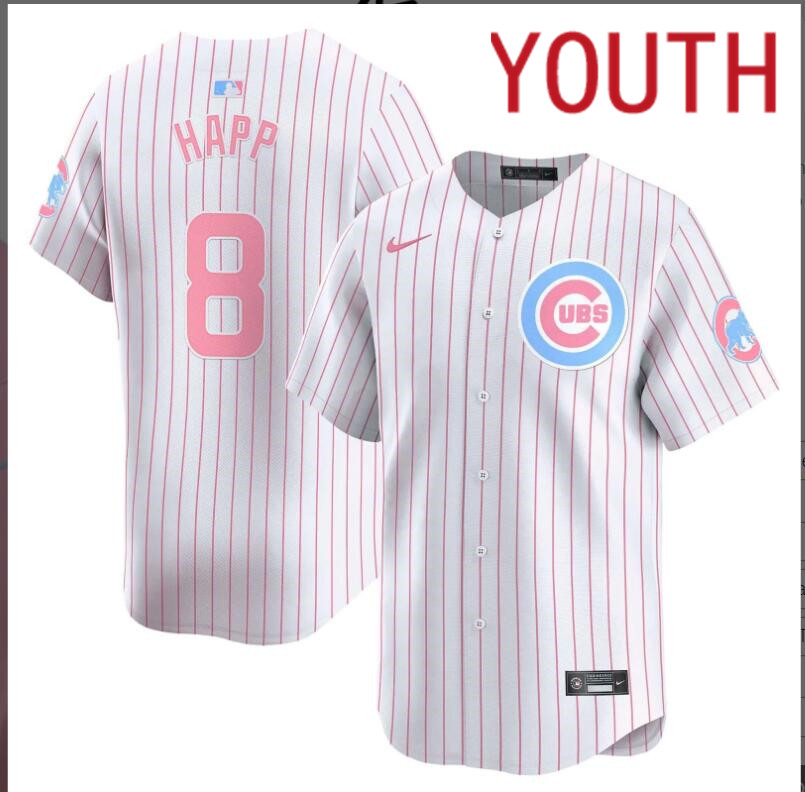 Youth  Chicago Cubs #8 Happ white with red strips 2024 Nike MLB jersey